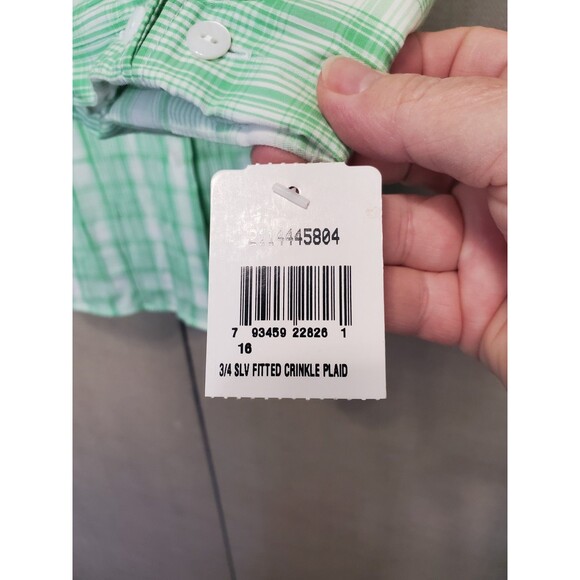 Foxcroft Fitted Crinkle Plaid Green 3/4 Sleeve Button-Up Top Size 16 NWT - Picture 3 of 6